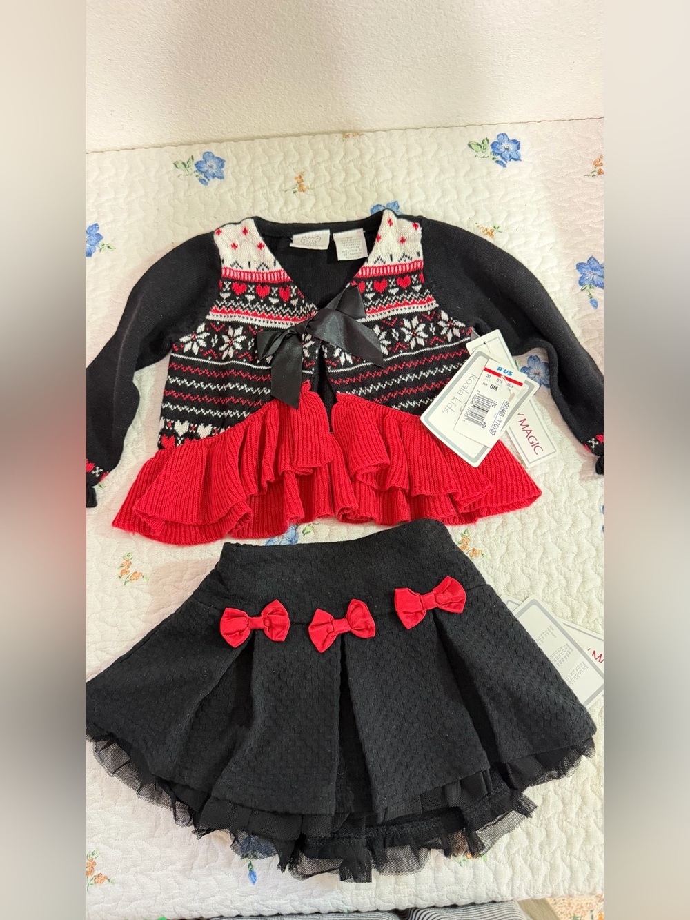 Koala Kids NWT Magic Red & Black Festive Knit Cardigan and Skirt Set Size 6M